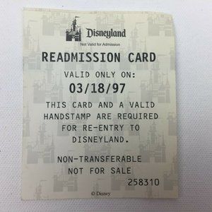 Vintage Disney Disneyland Readmission Card 258310 Valid 03/18/97 1997 Admission